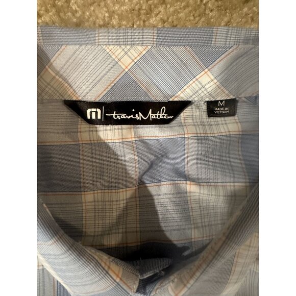 Travis Mathew Shirt Mens Size Medium Blue Plaid Button Up Short Sleeve Stretch - Picture 2 of 6